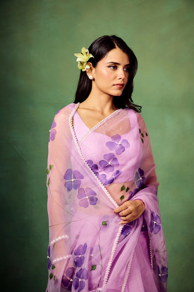 Lavender Pure Organza Saree with Hand-Painted Purple Floral Motifs & Pearl Sequin Highlights | Satin Blouse