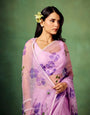 Lavender Pure Organza Saree with Hand-Painted Purple Floral Motifs & Pearl Sequin Highlights | Satin Blouse