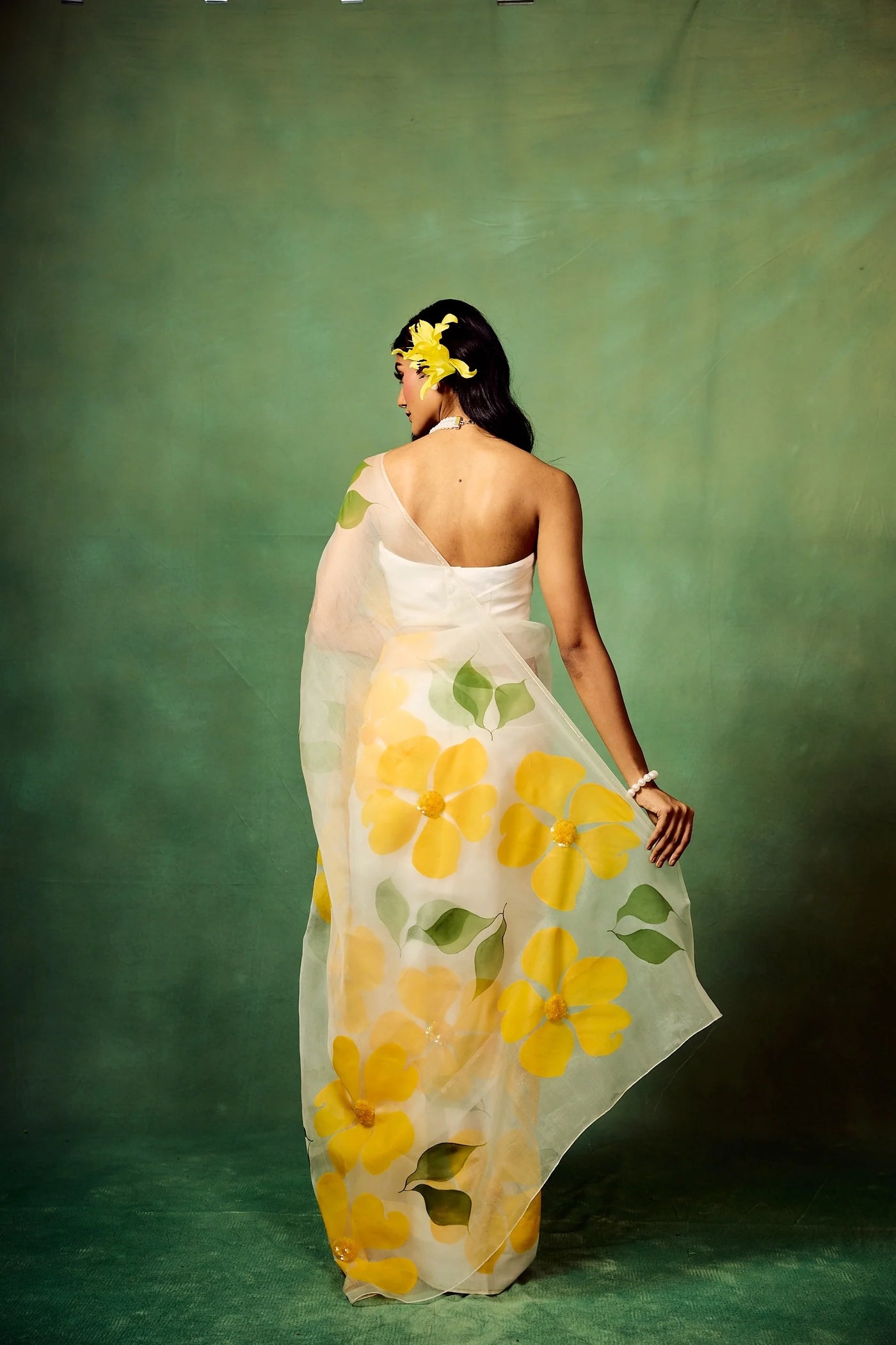 White Pure Organza Saree with Hand-Painted Oversized Yellow Floral Motifs & Sequin Accents | Satin Blouse