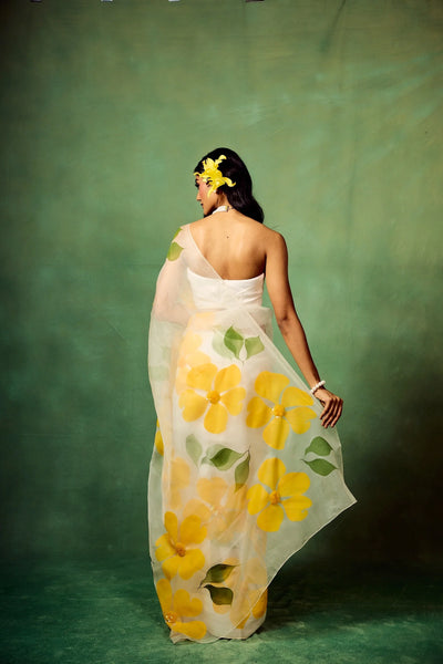 White Pure Organza Saree with Hand-Painted Oversized Yellow Floral Motifs & Sequin Accents | Satin Blouse