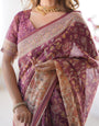 Plum Handloom Cotton Saree with Floral Print, Mythical Border & Tassels