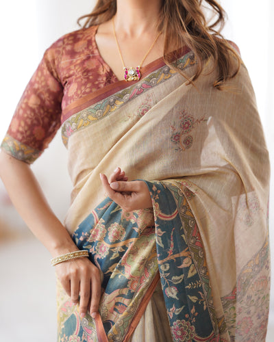 Beige Handloom Cotton Saree with Maroon Blouse and Multicolor Royal Procession Pallu