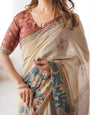 Beige Handloom Cotton Saree with Maroon Blouse and Multicolor Royal Procession Pallu