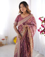 Plum Handloom Cotton Saree with Floral Print, Mythical Border & Tassels