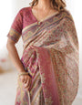 Beige & Mauve Handloom Cotton Saree with Floral Jaal, Peacock Motifs & Storytelling Pallu