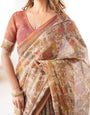 Beige Handloom Cotton Saree with Rust Blouse and Village Celebration Print