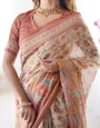 Ivory Handloom Cotton Saree with Maroon Borders, Floral Print & Royal Procession Pallu