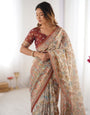 Beige & Maroon Handloom Cotton Saree with Multicolor Floral Print and Majestic Bird Art Pallu