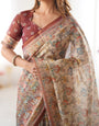 Beige & Maroon Handloom Cotton Saree with Multicolor Floral Print and Majestic Bird Art Pallu