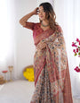Handloom Beige Cotton Saree with Maroon Blouse, Pomegranate Floral Print & Village Tale Pallu