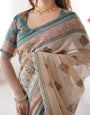 Ivory & Teal Handloom Cotton Saree with Buti Print, Mandala Motifs & Peacock Pallu