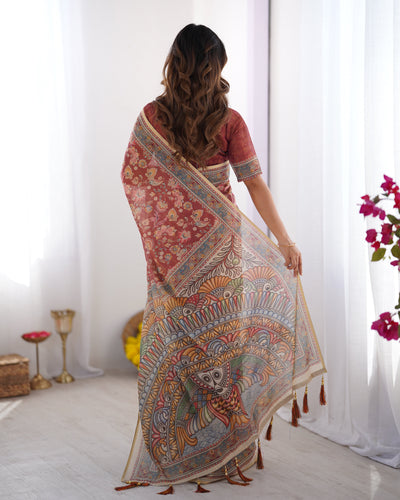 Rust Maroon Handloom Cotton Saree with Floral Jaal & Multicolor Mandala Pallu Art