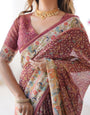 Maroon Handloom Cotton Saree with All-Over Floral Print & Multicolor Royal Procession Pallu