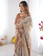Elegant Beige & Brown Pure Linen Cotton Handloom Saree with Animal Motifs and Floral Prints