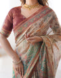 Beige & Green Handloom Cotton Saree with Village Life Print and Majestic Peacock Pallu