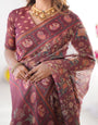 Maroon Pure Linen Cotton Handloom Saree with Elephant Motifs and Floral Digital Print