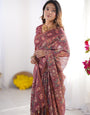 Maroon Pure Linen Cotton Handloom Saree with Elephant Motifs and Floral Digital Print
