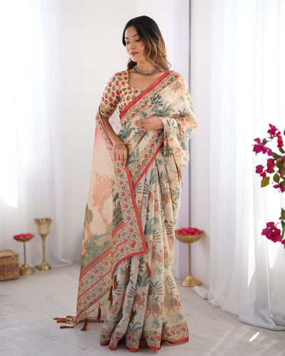 Beige & Red Handloom Linen Cotton Saree with Camel Caravan & Palace Artwork