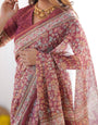 Maroon Pure Linen Cotton Handloom Saree with Elephant & Floral Folk Art