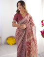 Maroon Pure Linen Cotton Handloom Saree with Elephant & Floral Folk Art