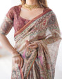 Beige & Maroon Handloom Cotton Saree with Royal Faces & Elephant Pallu Motif