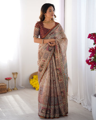 Beige & Maroon Handloom Cotton Saree with Royal Faces & Elephant Pallu Motif