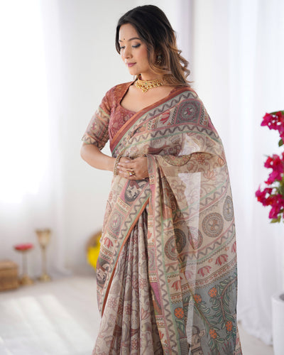 Beige & Maroon Handloom Cotton Saree with Royal Faces & Elephant Pallu Motif
