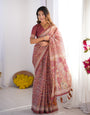 Maroon Pure Linen Cotton Handloom Saree with Elephant & Floral Folk Art