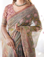 Olive Green Pure Linen Cotton Handloom Saree with Pink Lotus Motifs & Maroon Blouse