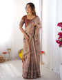 Beige & Maroon Handloom Cotton Saree with Royal Faces & Elephant Pallu Motif