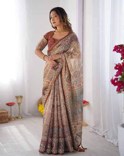Beige & Maroon Handloom Cotton Saree with Royal Faces & Elephant Pallu Motif