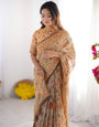 Peach Orange Pure Linen Cotton Handloom Saree with Floral Vine Print and Elegant Pallu Artwork