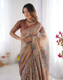 Beige & Rust Pure Linen Cotton Saree with Folk Animal Motif & Floral Print