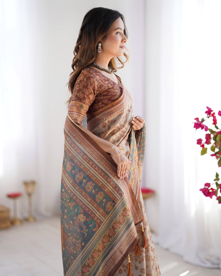Beige & Rust Pure Linen Cotton Saree with Folk Animal Motif & Floral Print