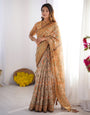 Peach Orange Pure Linen Cotton Handloom Saree with Floral Vine Print and Elegant Pallu Artwork