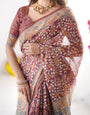 Maroon Pure Linen Cotton Handloom Saree with Floral Buti Print and Madhubani Fish Art Pallu