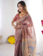 Maroon Pure Linen Cotton Handloom Saree with Floral Buti Print and Madhubani Fish Art Pallu