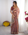 Maroon Pure Linen Cotton Handloom Saree with Floral Buti Print and Madhubani Fish Art Pallu