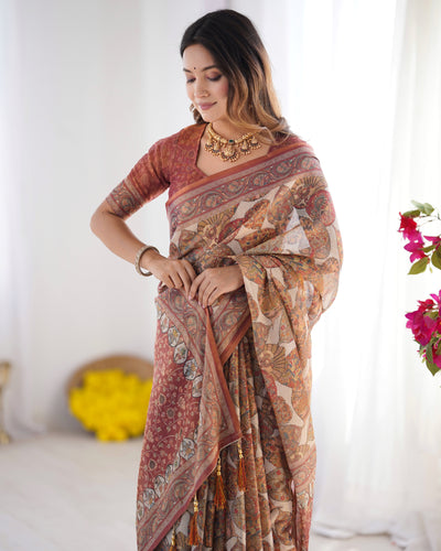 Rust Beige Pure Linen Cotton Saree with Paisley Motifs and Mandala Artwork
