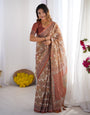 Rust Beige Pure Linen Cotton Saree with Paisley Motifs and Mandala Artwork
