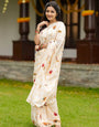 Onam Special Kerala Theme Mul Cotton Saree with Printed Motifs & Tassels | Traditional Off-White Festival Saree with Running Blouse