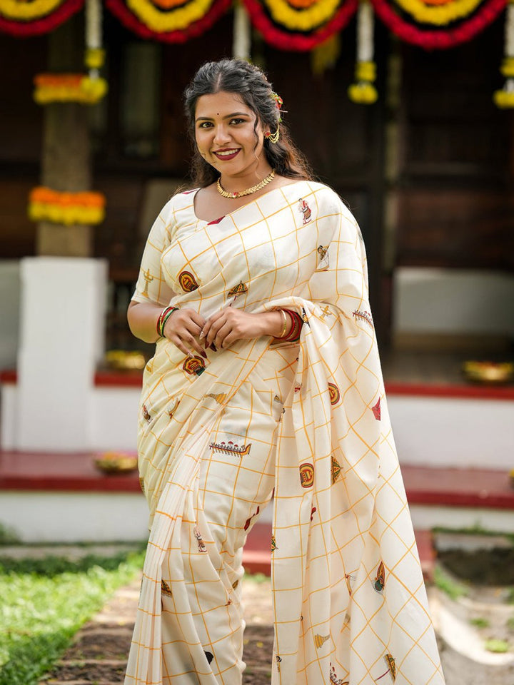 Onam Special Kerala Theme Mul Cotton Saree with Printed Motifs & Tassels | Traditional Off-White Festival Saree with Running Blouse