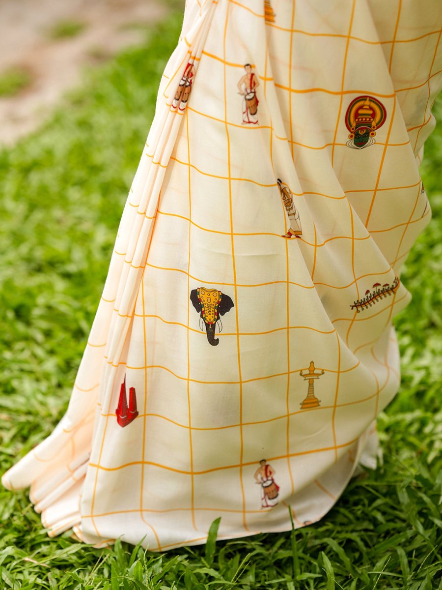 Onam Special Kerala Theme Mul Cotton Saree with Printed Motifs & Tassels | Traditional Off-White Festival Saree with Running Blouse