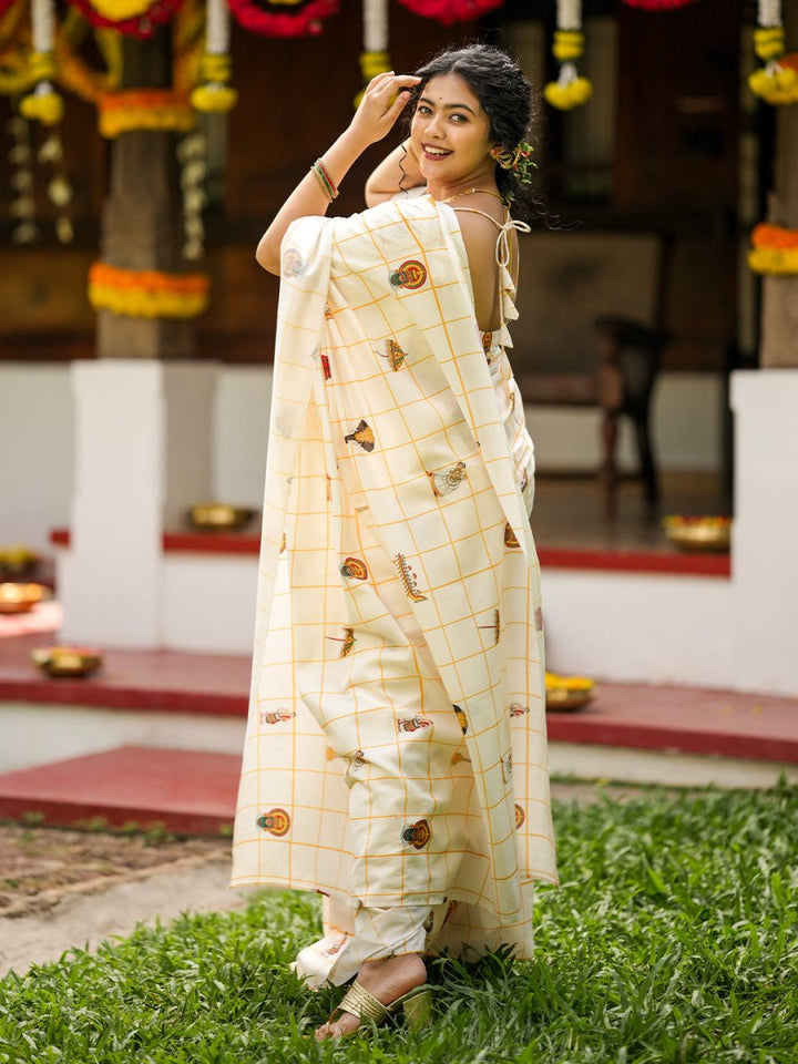 Onam Special Kerala Theme Mul Cotton Saree with Printed Motifs & Tassels | Traditional Off-White Festival Saree with Running Blouse