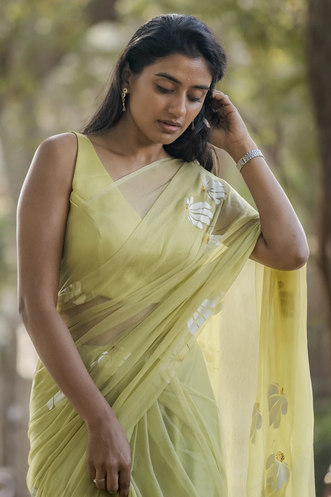 Pistachio Green Chiffon Saree with White Floral Design | Lightweight Designer Saree with Blouse Piece