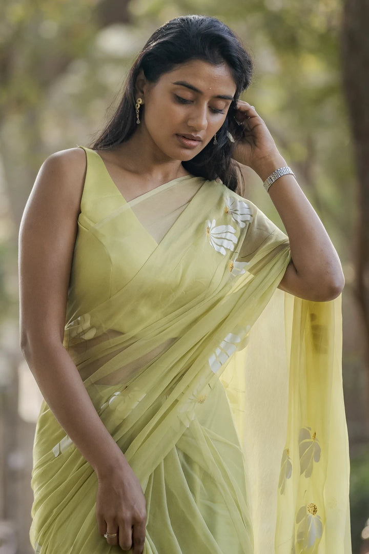 Pistachio Green Chiffon Saree with White Floral Design | Lightweight Designer Saree with Blouse Piece