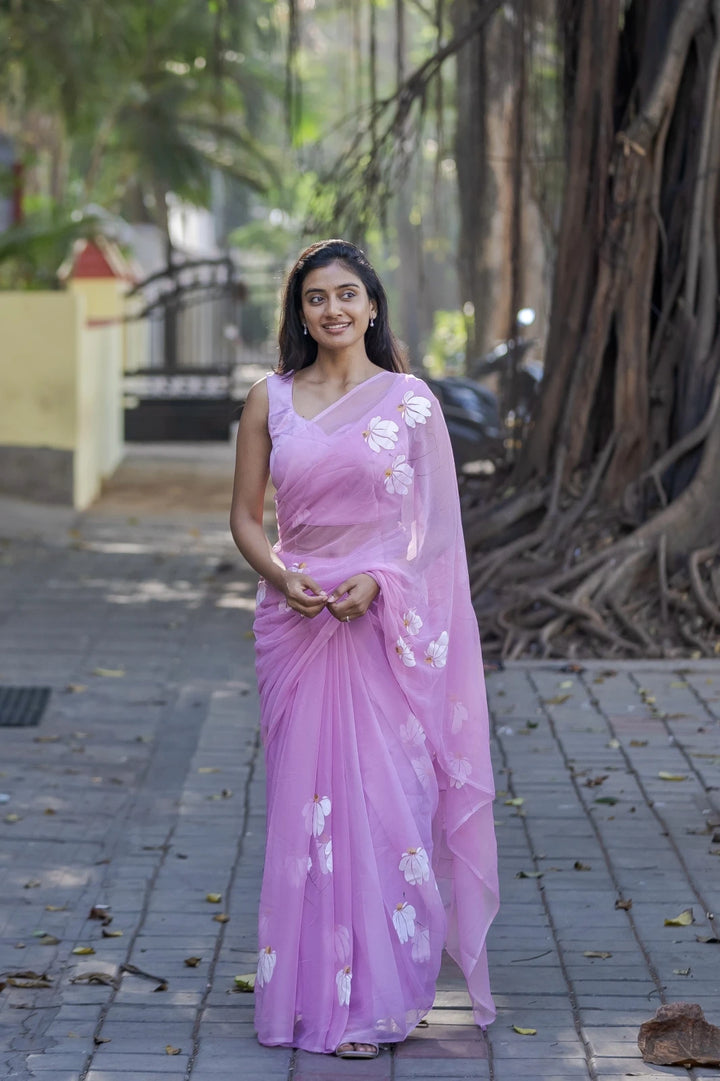 Lilac Pink Chiffon Saree with White Floral Design | Lightweight Designer Saree with Blouse Piece
