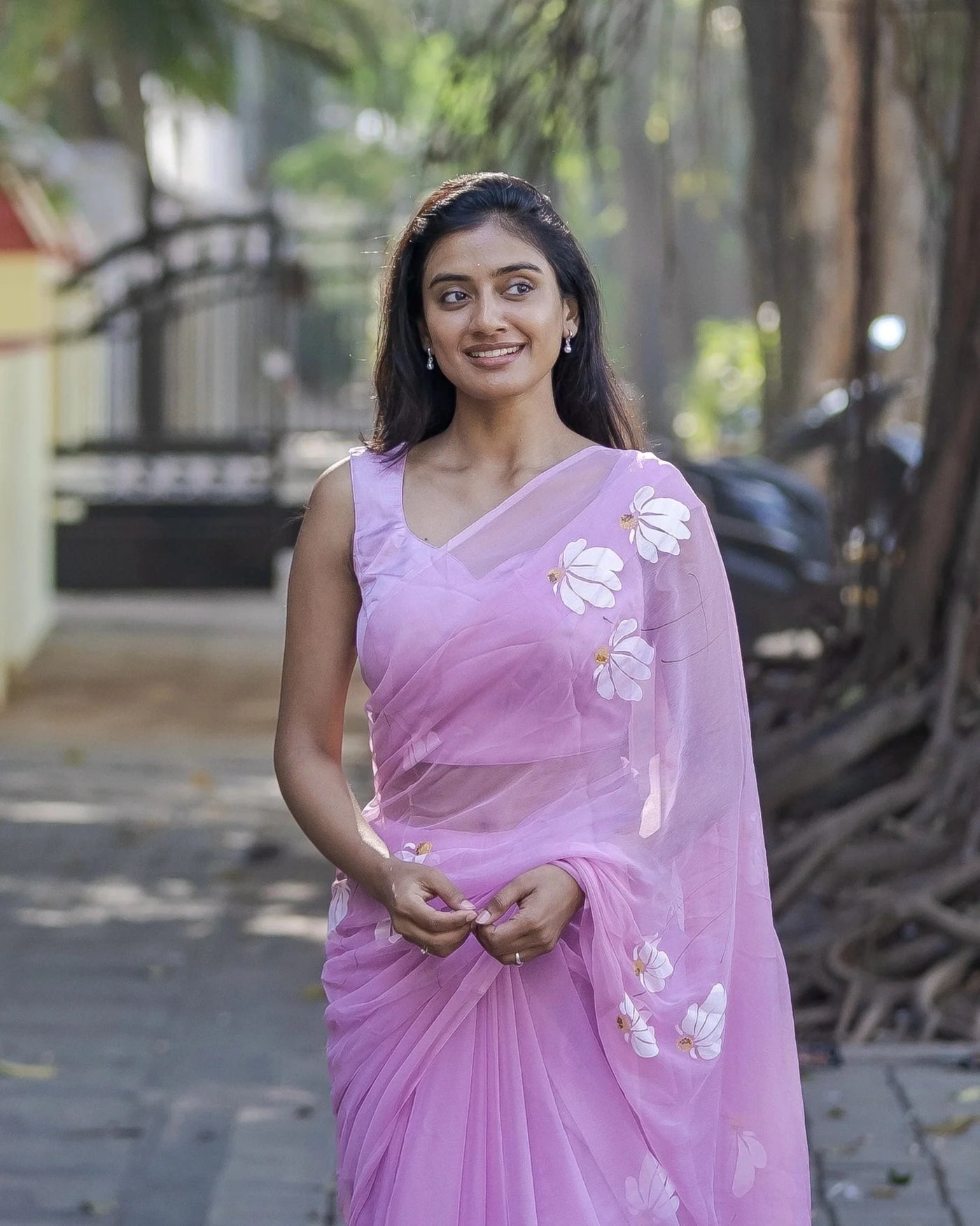 Lavender Pink Pure Georgette Hand-Painted Saree with White Floral Motifs & Sequin Detailing