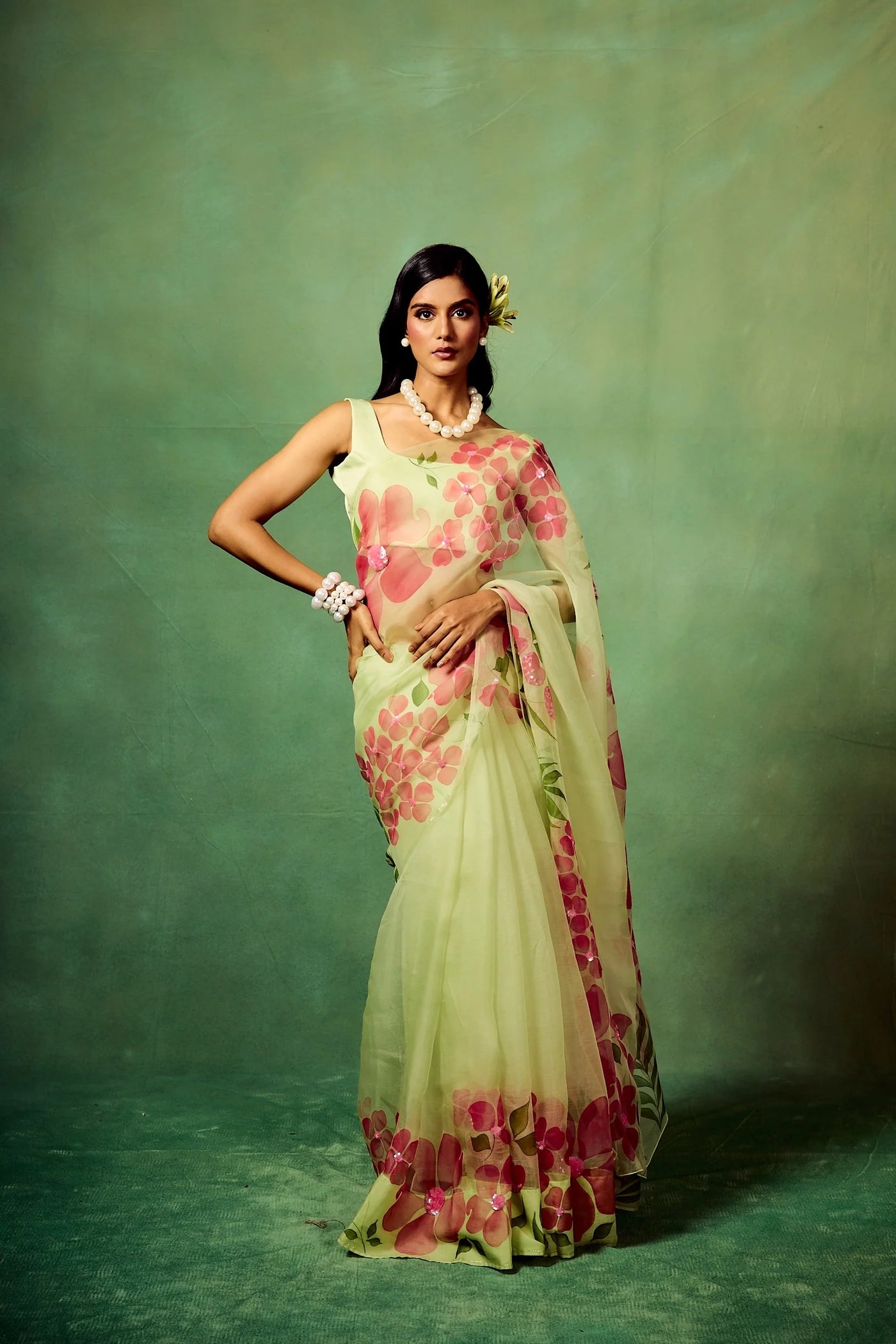 Mint Green Pure Organza Saree with Hand-Painted Pink Floral Motifs & Sequin Detailing | Satin Blouse