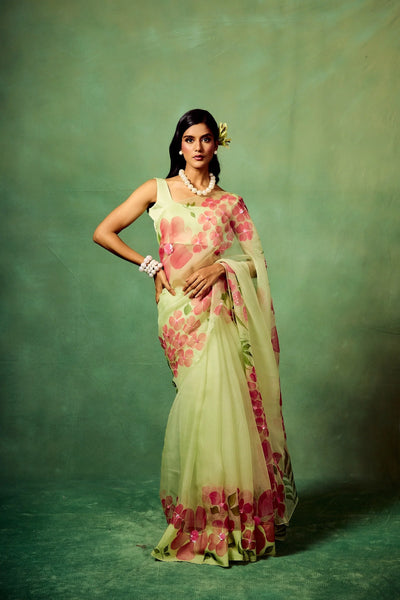 Mint Green Pure Organza Saree with Hand-Painted Pink Floral Motifs & Sequin Detailing | Satin Blouse